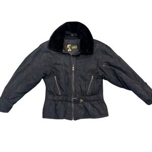 Vintage Skea‎ Paris Jacket Womans 12 Black Suede Ski Fur Collar Belt Puffer Coat